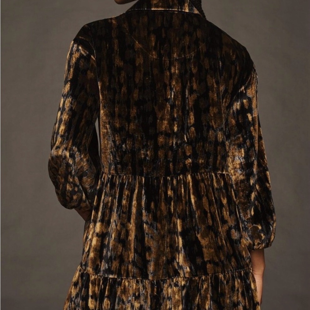 Maeve Bettina Tiered Shirt Dress Velvet Edition Anthropologie Gold/Brown Size L - Picture 4 of 9